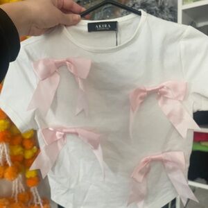 AKIRA Kids White Tee with Soft Pink Ribbons